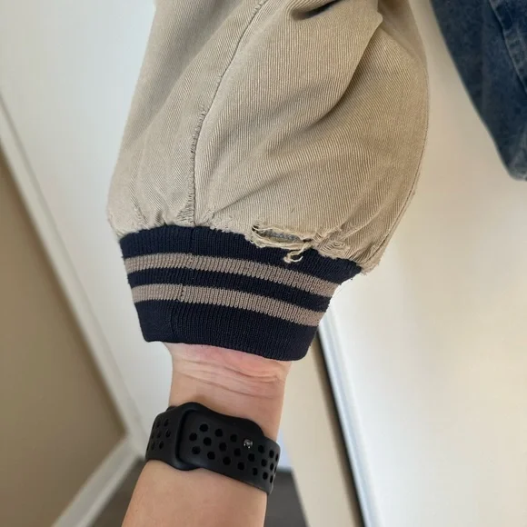 Denim Varsity Jacket with Beige Sleeves - Picture 2 of 5